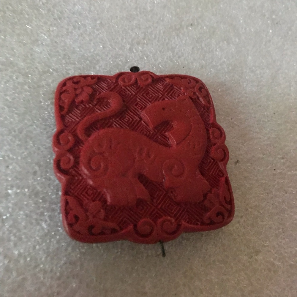 Carved Red Cinnabar-Style Elephant Square Pendent